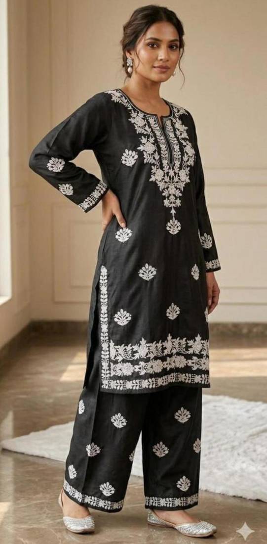 Black rayon embroidered kurta set