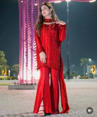Red silk blend embroidered palazzo set 3