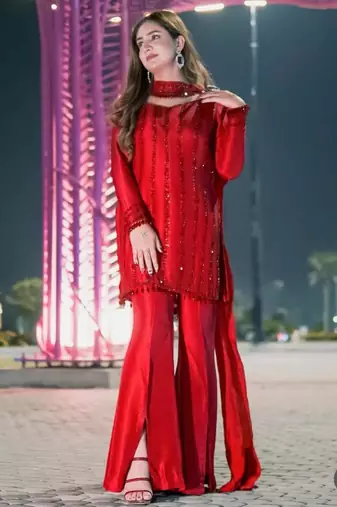 Red silk blend embroidered palazzo set
