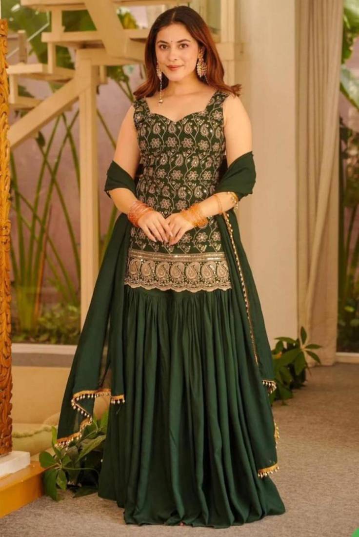 Green faux georgette embroidered palazzo set