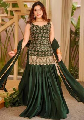 Green faux georgette embroidered palazzo set 3