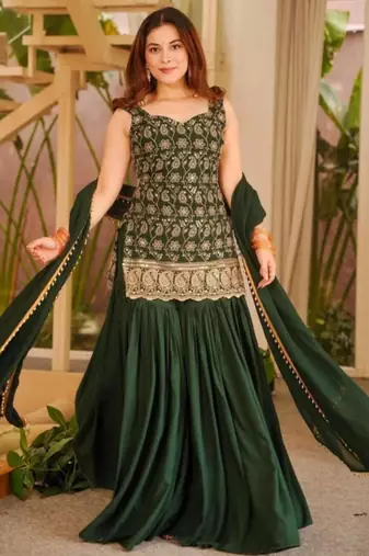 Green faux georgette embroidered palazzo set