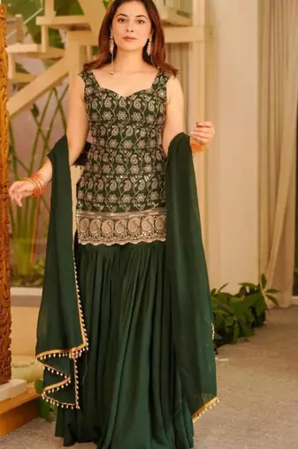 Green faux georgette embroidered palazzo set