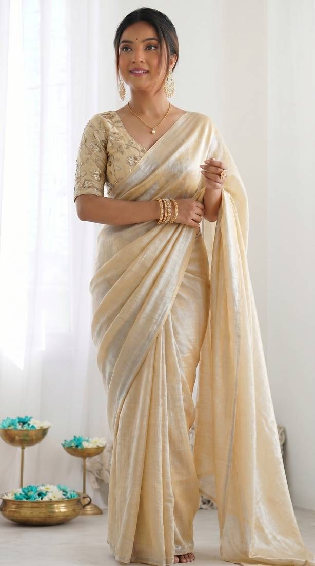 New trendy latest  cream shimmer saree with matching embroidered blouse