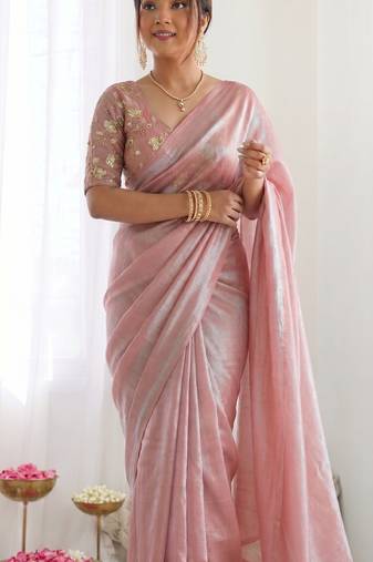 New trendy latest  peach shimmer saree with matching embroidered blouse