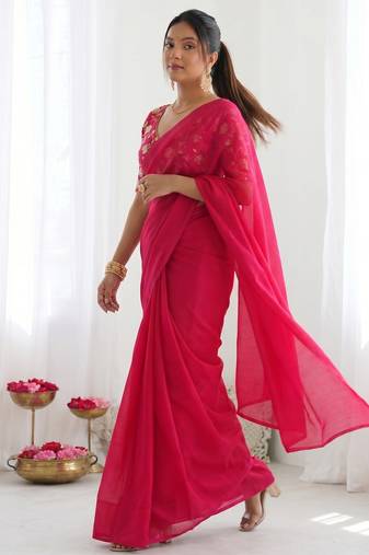 New trendy latest  pink shimmer saree with matching embroidered blouse