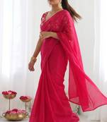 New trendy latest  pink shimmer saree with matching embroidered blouse
