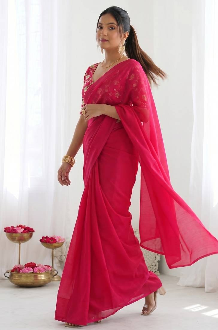 New trendy latest  pink shimmer saree with matching embroidered blouse