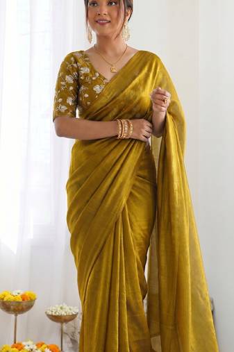 New trendy latest  gold shimmer saree with matching embroidered blouse