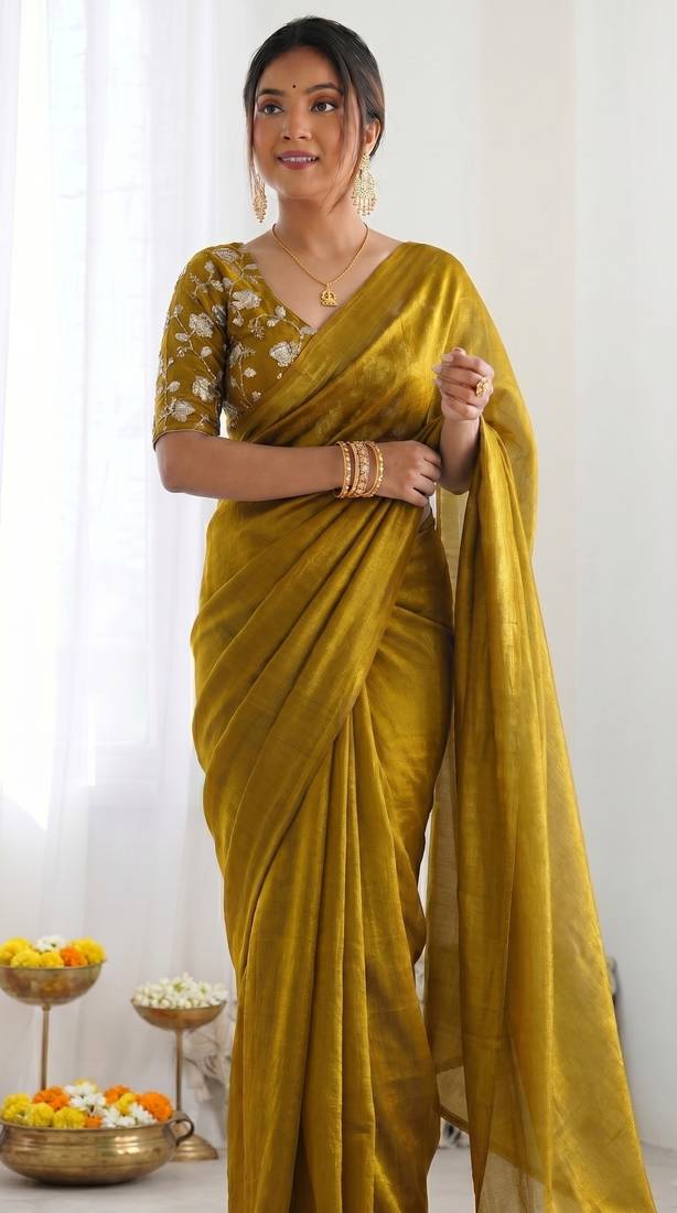 New trendy latest  gold shimmer saree with matching embroidered blouse