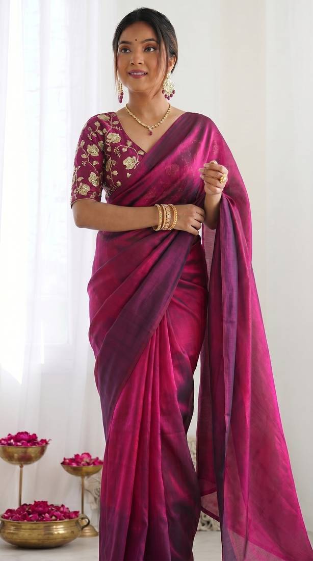 New trendy latest  wine shimmer saree with matching embroidered blouse