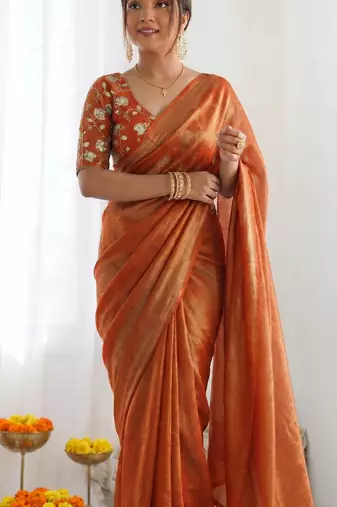 New trendy latest  orange shimmer saree with matching embroidered blouse