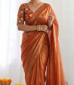 New trendy latest  orange shimmer saree with matching embroidered blouse