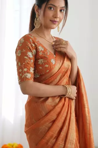 New trendy latest  orange shimmer saree with matching embroidered blouse