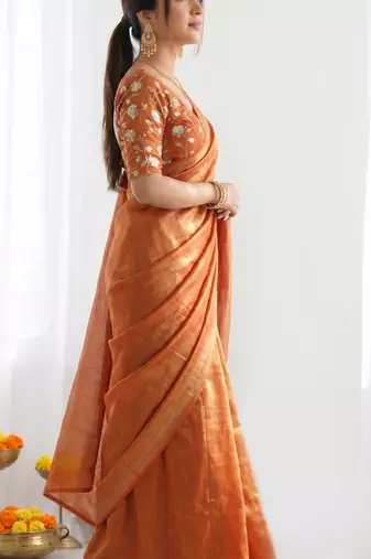 New trendy latest  orange shimmer saree with matching embroidered blouse