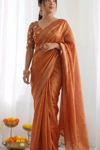 New trendy latest  orange shimmer saree with matching embroidered blouse