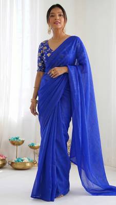 New trendy latest  royal blue shimmer saree with matching embroidered blouse 1