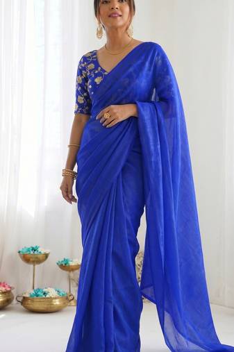 New trendy latest  royal blue shimmer saree with matching embroidered blouse