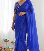 New trendy latest  royal blue shimmer saree with matching embroidered blouse