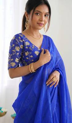 New trendy latest  royal blue shimmer saree with matching embroidered blouse 2