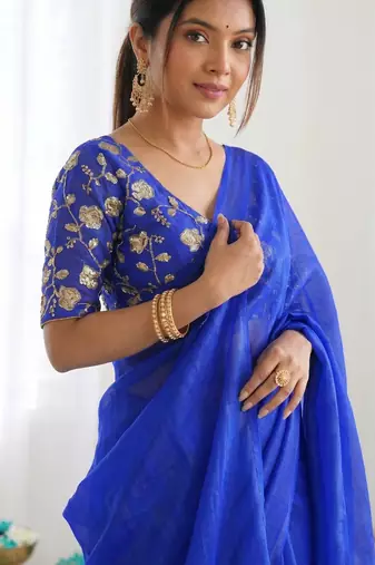New trendy latest  royal blue shimmer saree with matching embroidered blouse