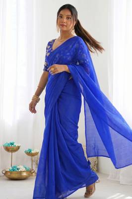 New trendy latest  royal blue shimmer saree with matching embroidered blouse 3