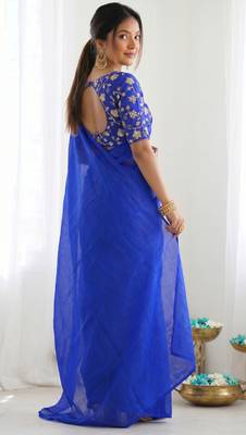 New trendy latest  royal blue shimmer saree with matching embroidered blouse 4