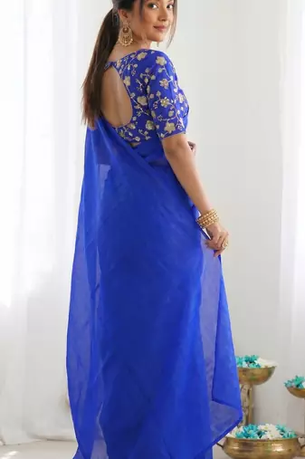 New trendy latest  royal blue shimmer saree with matching embroidered blouse