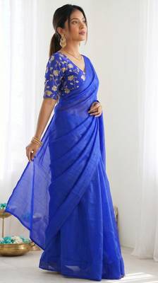 New trendy latest  royal blue shimmer saree with matching embroidered blouse 5