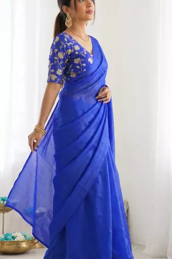 New trendy latest  royal blue shimmer saree with matching embroidered blouse