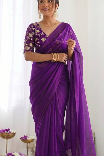 New trendy latest  purple shimmer saree with matching embroidered blouse