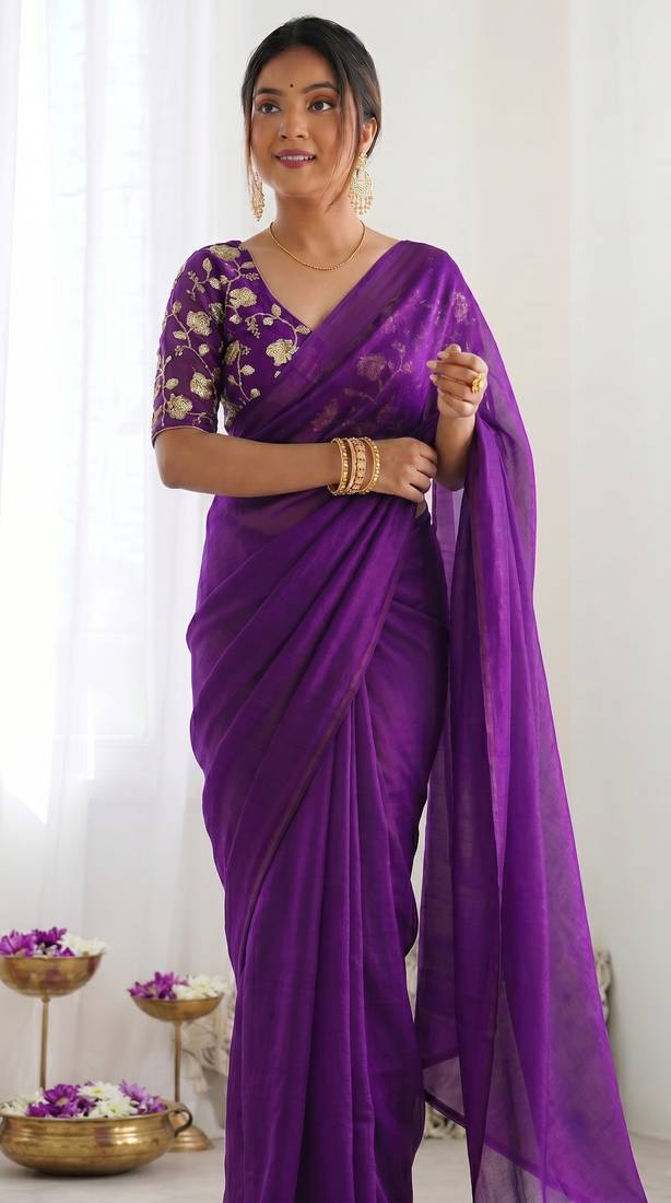 New trendy latest  purple shimmer saree with matching embroidered blouse