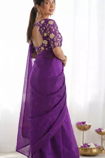 New trendy latest  purple shimmer saree with matching embroidered blouse
