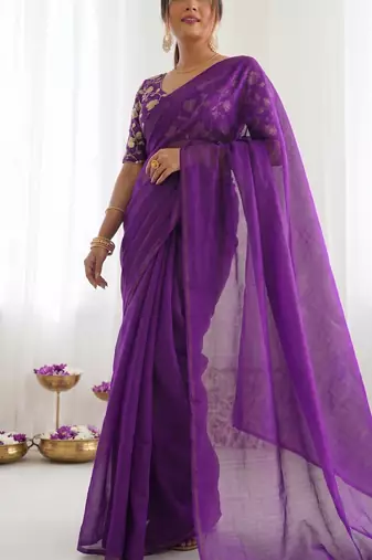 New trendy latest  purple shimmer saree with matching embroidered blouse