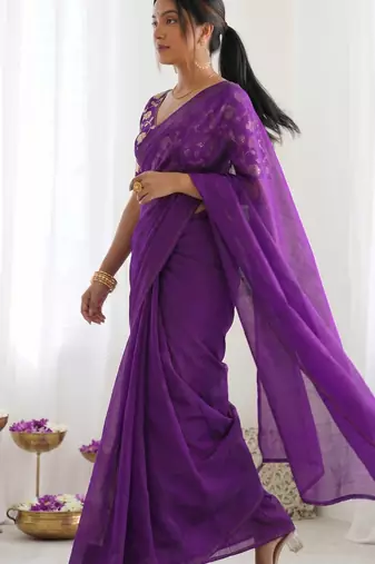 New trendy latest  purple shimmer saree with matching embroidered blouse