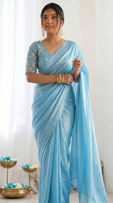 New trendy latest  sky blue shimmer saree with matching embroidered blouse 1