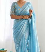 New trendy latest  sky blue shimmer saree with matching embroidered blouse