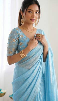 New trendy latest  sky blue shimmer saree with matching embroidered blouse 2
