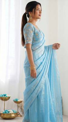 New trendy latest  sky blue shimmer saree with matching embroidered blouse 3