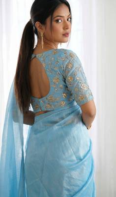 New trendy latest  sky blue shimmer saree with matching embroidered blouse 4