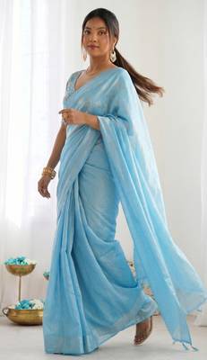New trendy latest  sky blue shimmer saree with matching embroidered blouse 5