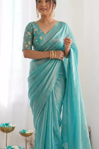 New trendy latest  turquoise shimmer saree with matching embroidered blouse
