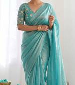 New trendy latest  turquoise shimmer saree with matching embroidered blouse
