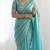 New trendy latest  turquoise shimmer saree with matching embroidered blouse