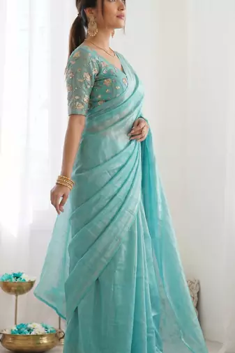New trendy latest  turquoise shimmer saree with matching embroidered blouse