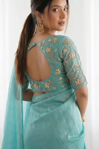 New trendy latest  turquoise shimmer saree with matching embroidered blouse
