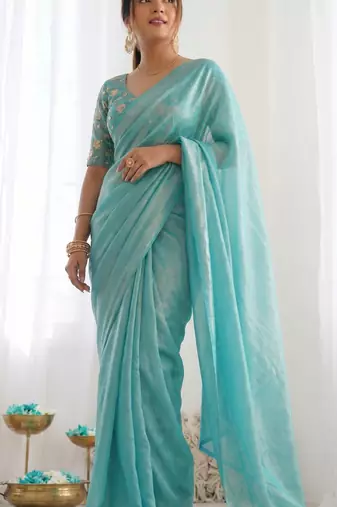 New trendy latest  turquoise shimmer saree with matching embroidered blouse