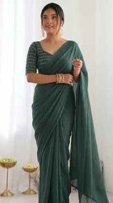  dark bottle green solid saree with embellished blouse 1