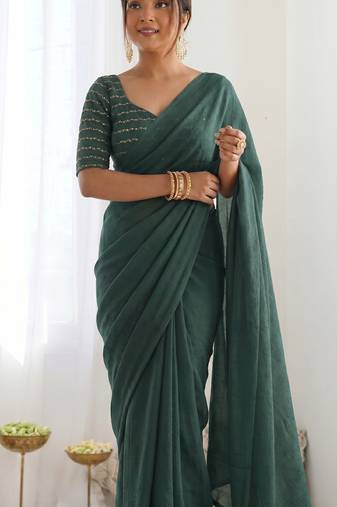 New trendy elegant dark bottle green solid saree with embellished blouse