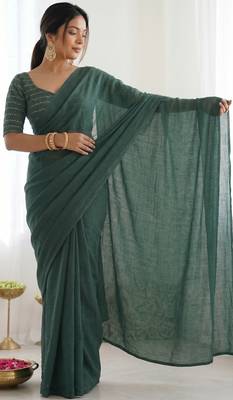  dark bottle green solid saree with embellished blouse 3